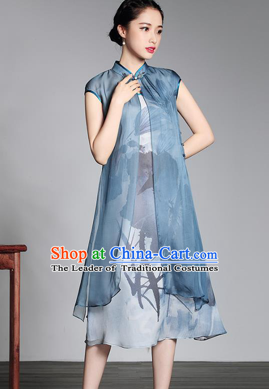 Traditional Ancient Chinese Young Lady Plated Buttons Printing Cheongsam, Asian Republic of China Blue Silk Qipao Tang Suit Dress for Women