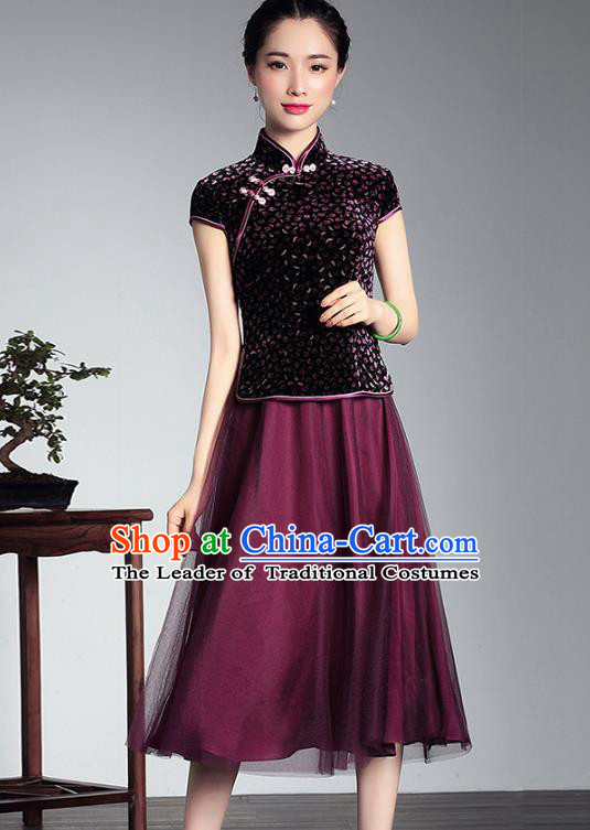 Traditional Ancient Chinese Young Lady Plated Buttons Velvet Cheongsam, Asian Republic of China Qipao Tang Suit Dress for Women