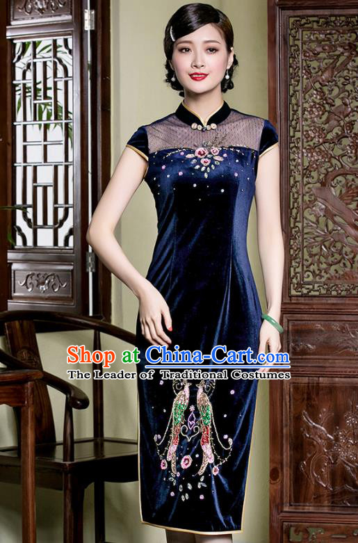 Traditional Ancient Chinese Young Lady Plated Buttons Blue Velvet Cheongsam, Asian Republic of China Qipao Tang Suit Dress for Women