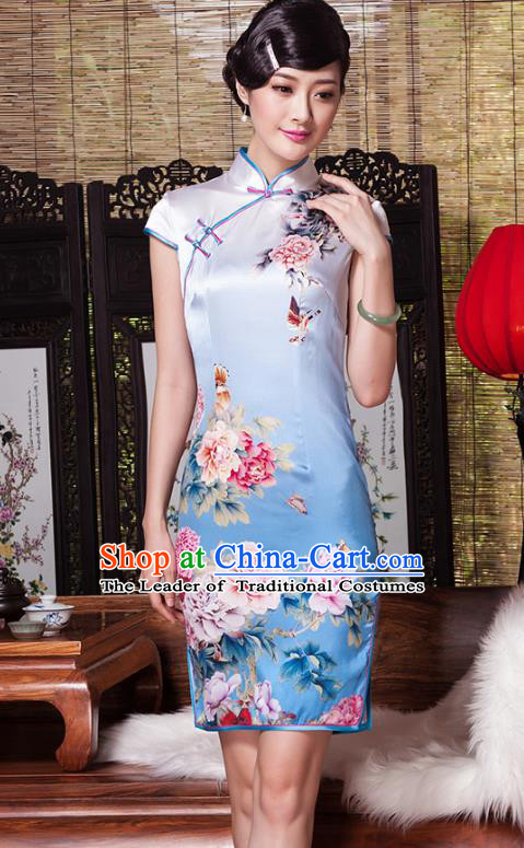 Traditional Ancient Chinese Young Lady Plated Buttons Painting Peony Blue Cheongsam, Asian Republic of China Silk Qipao Tang Suit Dress for Women