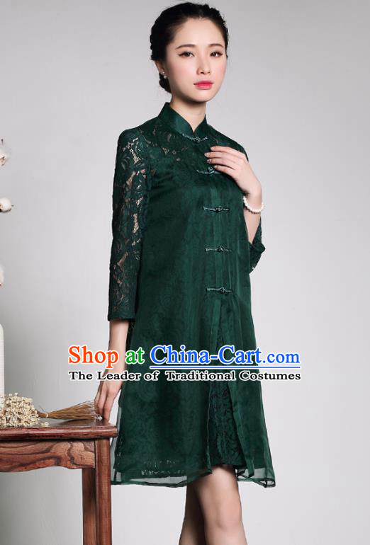 Traditional Ancient Chinese Young Lady Plated Buttons Green Lace Cheongsam, Asian Republic of China Qipao Tang Suit Dress for Women