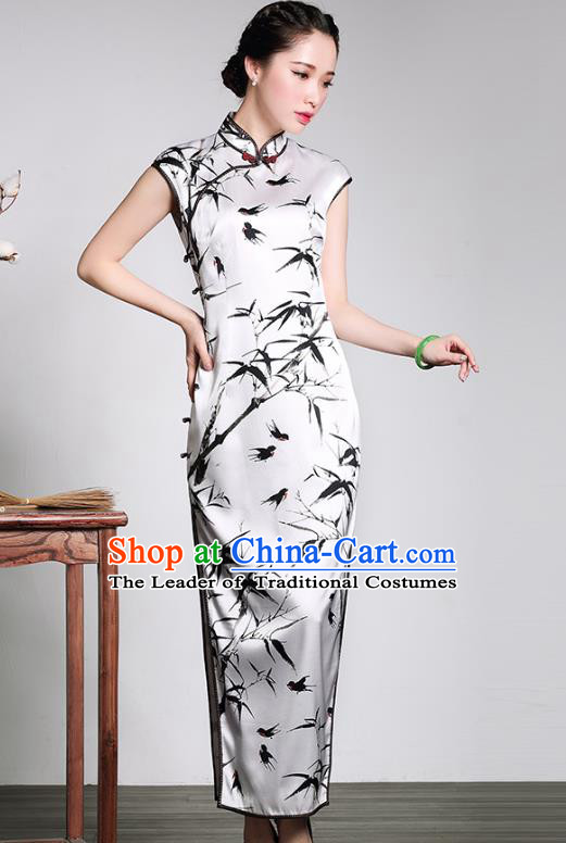 Traditional Ancient Chinese Young Lady Plated Buttons Printing Bamboo Cheongsam, Asian Republic of China Silk Qipao Tang Suit Dress for Women