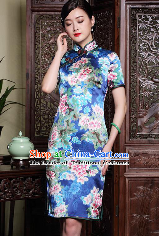 Traditional Ancient Chinese Young Lady Plated Buttons Printing Flowers Cheongsam, Asian Republic of China Blue Silk Qipao Dress Tang Suit Clothing for Women