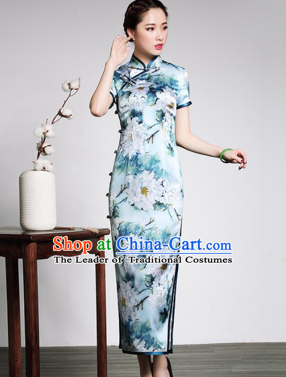Traditional Ancient Chinese Young Lady Plated Buttons Printing Blue Cheongsam, Asian Republic of China Silk Qipao Tang Suit Dress for Women