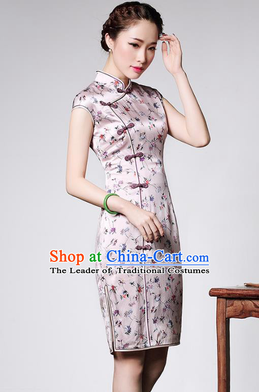 Traditional Ancient Chinese Young Lady Plated Buttons Pink Short Cheongsam, Asian Republic of China Silk Qipao Tang Suit Dress for Women