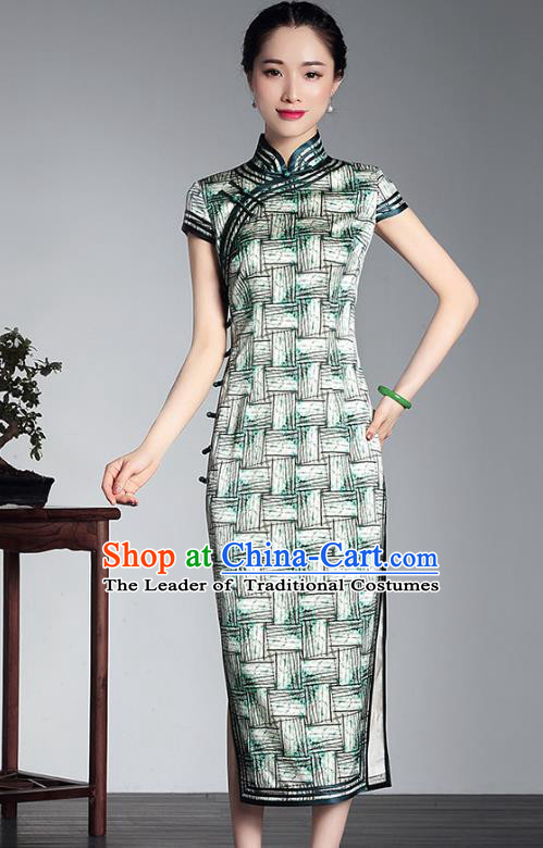 Traditional Ancient Chinese Young Lady Retro Silk Printing Green Cheongsam, Asian Republic of China Qipao Tang Suit Dress for Women