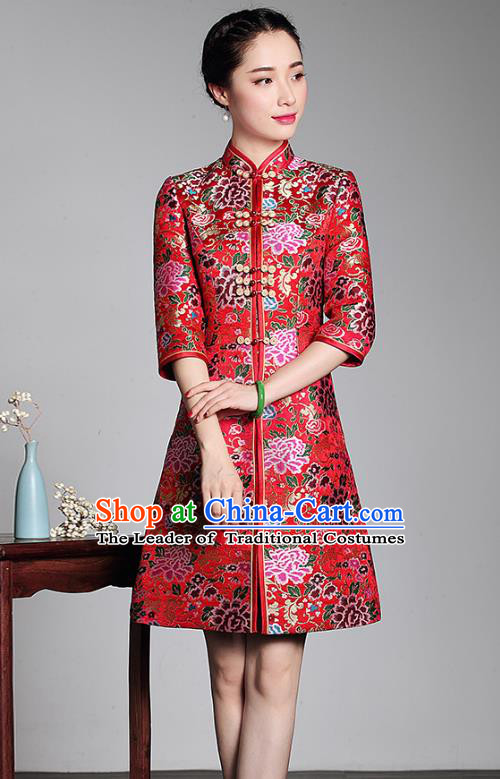 Traditional Ancient Chinese Young Lady Retro Stand Collar Red Brocade Cheongsam Coat, Asian Republic of China Qipao Tang Suit Clothing for Women