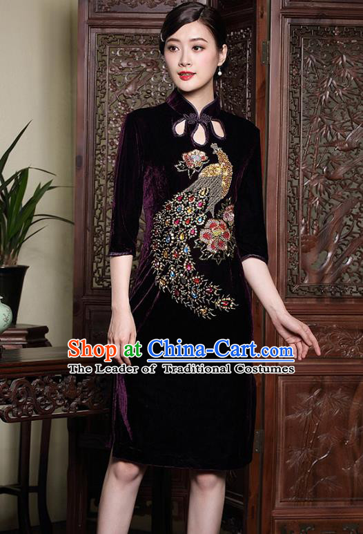 Traditional Ancient Chinese Young Lady Retro Stand Collar Purple Velvet Peacock Cheongsam, Asian Republic of China Qipao Tang Suit Dress for Women