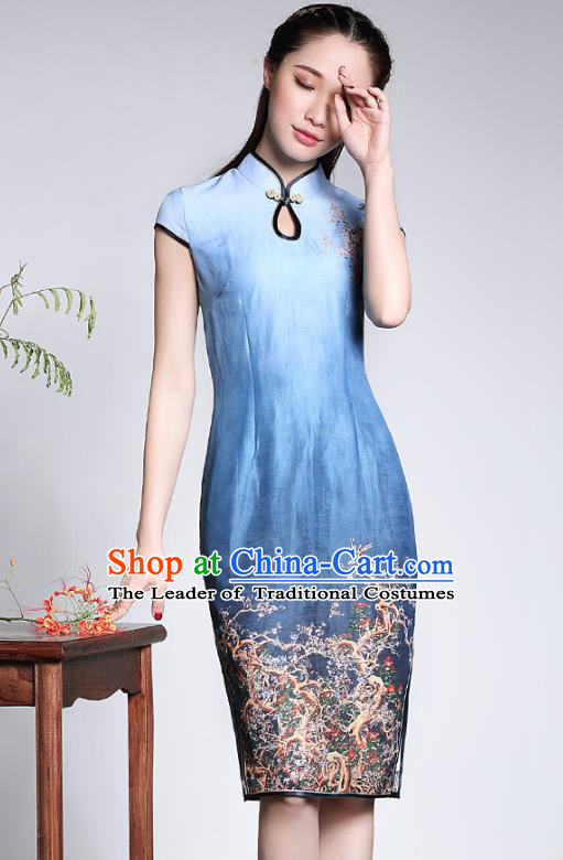 Traditional Ancient Chinese Young Lady Retro Stand Collar Printing Blue Silk Cheongsam, Asian Republic of China Qipao Tang Suit Dress for Women