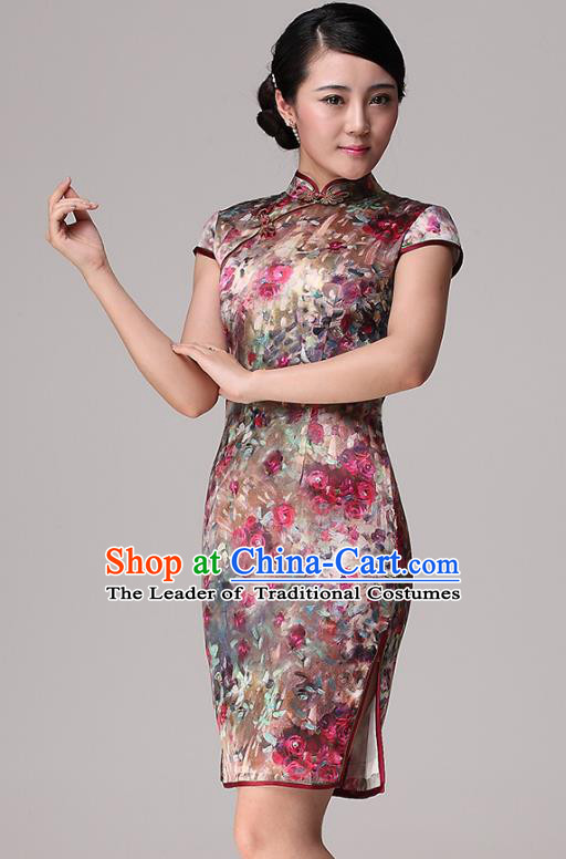 Traditional Ancient Chinese Young Lady Retro Stand Collar Printing Flowers Cheongsam, Asian Republic of China Qipao Tang Suit Dress for Women