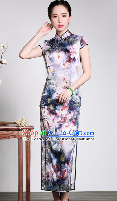 Asian Republic of China Top Grade Plated Buttons Silk Printing Long Cheongsam, Traditional Chinese Tang Suit Qipao Dress for Women