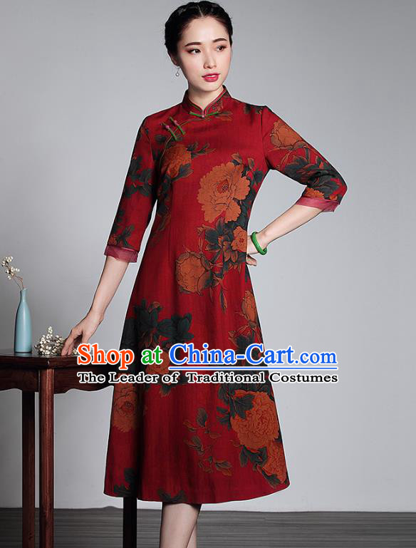 Asian Republic of China Top Grade Plated Buttons Printing Red Watered Gauze Long Cheongsam, Traditional Chinese Tang Suit Qipao Dress for Women