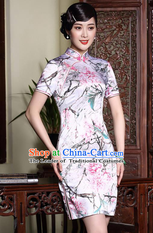 Traditional Ancient Chinese Young Lady Retro Stand Collar Printing Silk Short Cheongsam, Asian Republic of China Qipao Tang Suit Dress for Women