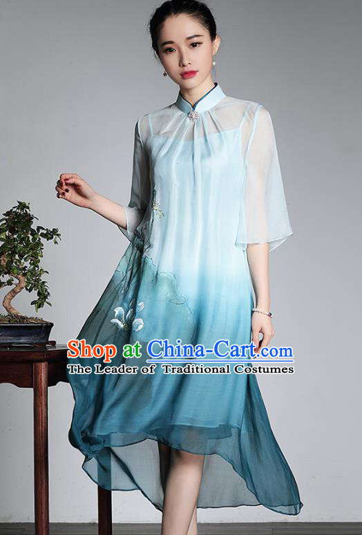 Asian Republic of China Top Grade Plated Buttons Printing Blue Silk Cheongsam, Traditional Chinese Tang Suit Qipao Dress for Women