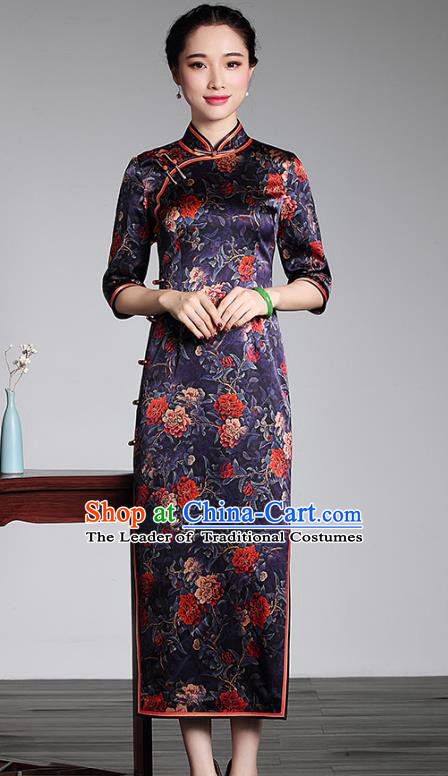 Asian Republic of China Top Grade Plated Buttons Printing Purple Silk Long Cheongsam, Traditional Chinese Tang Suit Qipao Dress for Women