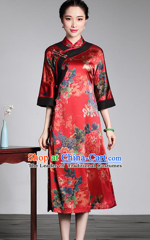 Asian Republic of China Top Grade Plated Buttons Printing Red Silk Long Cheongsam, Traditional Chinese Tang Suit Qipao Dress for Women