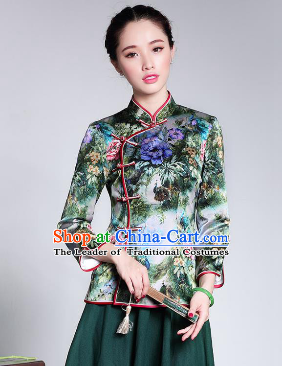 Traditional Ancient Chinese Young Lady Retro Stand Collar Printing Silk Short Cheongsam Blouse, Asian Republic of China Qipao Tang Suit Upper Outer Garment for Women