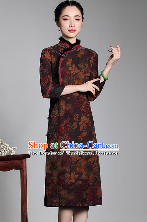 Asian Republic of China Top Grade Plated Buttons Printing Cheongsam, Traditional Chinese Tang Suit Qipao Dress Watered Gauze Robe for Women