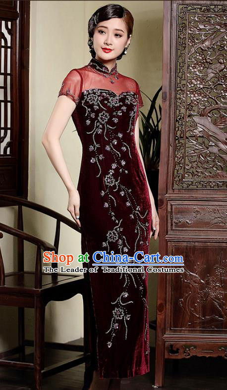 Traditional Ancient Chinese Young Lady Retro Stand Collar Wine Red Velvet Cheongsam, Asian Republic of China Qipao Tang Suit Dress for Women