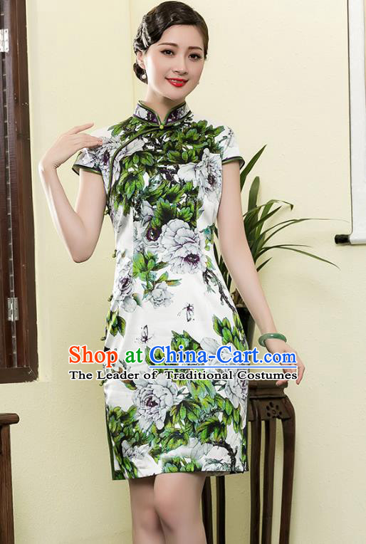 Top Grade Asian Republic of China Plated Buttons Printing Green Flowers Cheongsam, Traditional Chinese Tang Suit Qipao Dress for Women