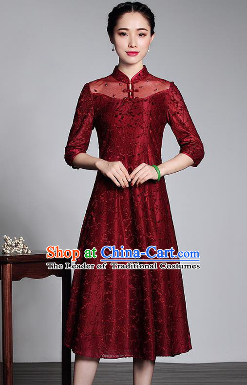Top Grade Asian Republic of China Plated Buttons Red Lace Cheongsam, Traditional Chinese Tang Suit Qipao Dress for Women