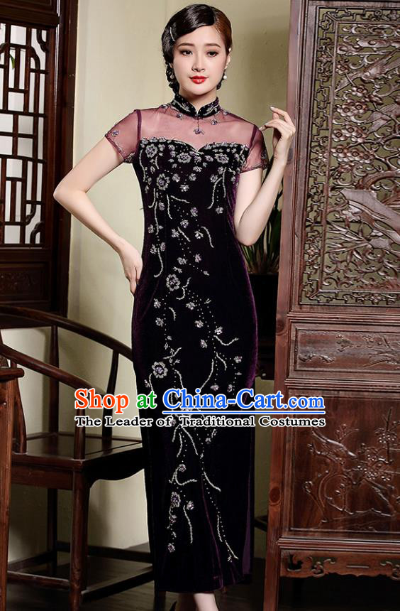 Traditional Ancient Chinese Young Lady Retro Stand Collar Purple Velvet Cheongsam, Asian Republic of China Qipao Tang Suit Dress for Women