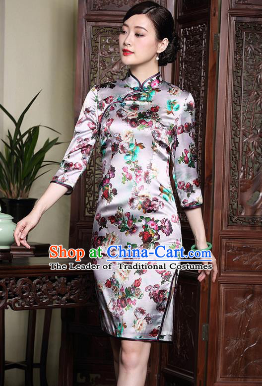 Traditional Ancient Chinese Young Lady Retro Stand Collar Printing Cheongsam, Asian Republic of China Qipao Tang Suit Silk Dress for Women