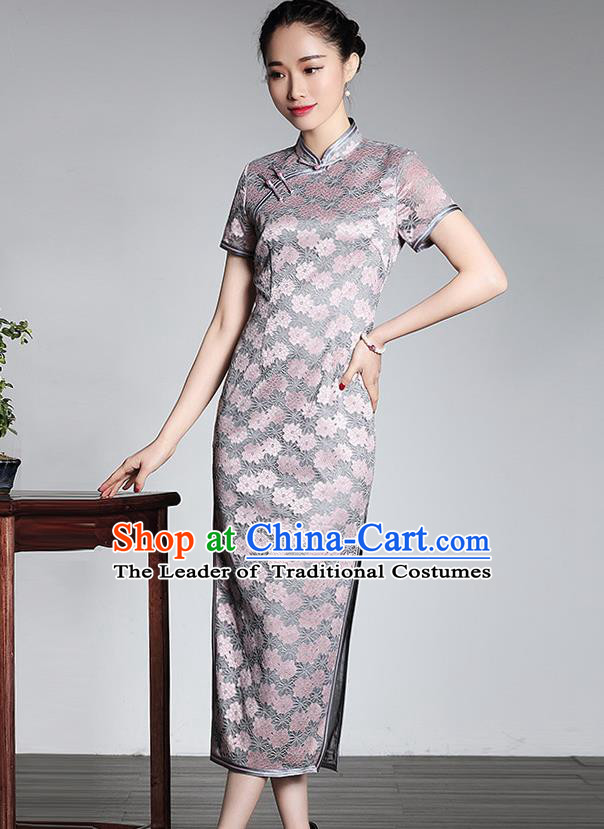 Traditional Ancient Chinese Young Lady Retro Stand Collar Pink Lace Cheongsam, Asian Republic of China Qipao Tang Suit Silk Dress for Women