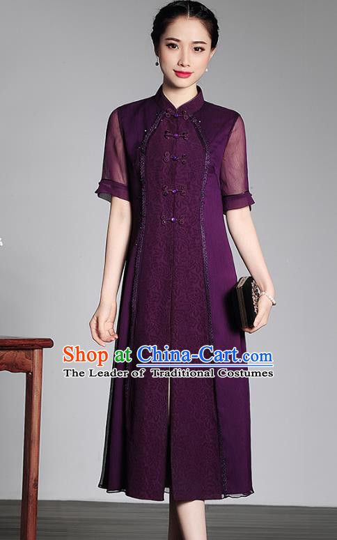 Traditional Ancient Chinese Young Lady Retro Stand Collar Cheongsam Purple Silk Dress, Asian Republic of China Qipao Tang Suit Clothing for Women