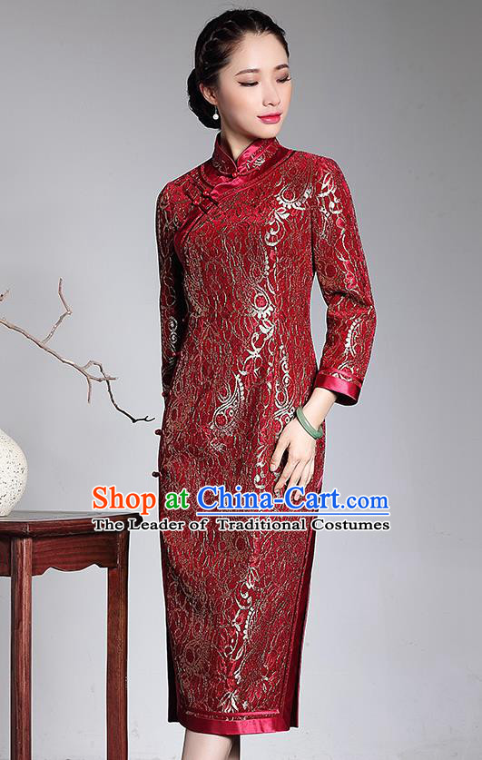 Traditional Ancient Chinese Young Lady Retro Stand Collar Long Cheongsam Red Silk Wedding Dress, Asian Republic of China Qipao Tang Suit Clothing for Women