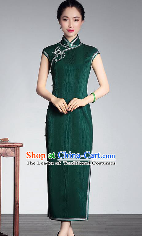 Traditional Ancient Chinese Young Lady Retro Stand Collar Long Cheongsam Green Silk Dress, Asian Republic of China Qipao Tang Suit Clothing for Women