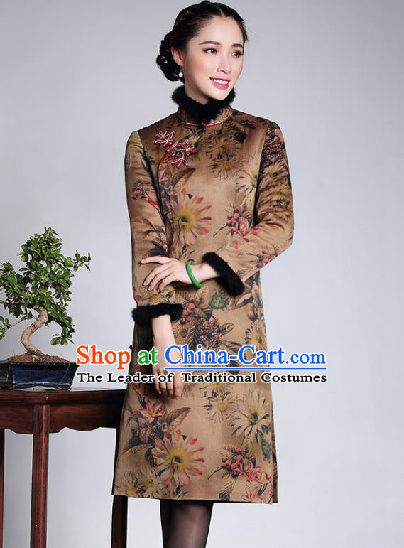 Traditional Ancient Chinese Young Lady Retro Stand Collar Printing Silk Cotton Wadded Cheongsam Dress, Asian Republic of China Qipao Tang Suit Clothing for Women