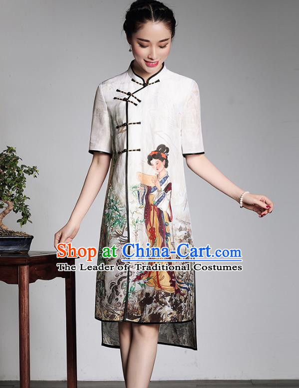 Traditional Ancient Chinese Young Lady Retro Stand Collar Printing Cheongsam Dress, Asian Republic of China Qipao Tang Suit for Women