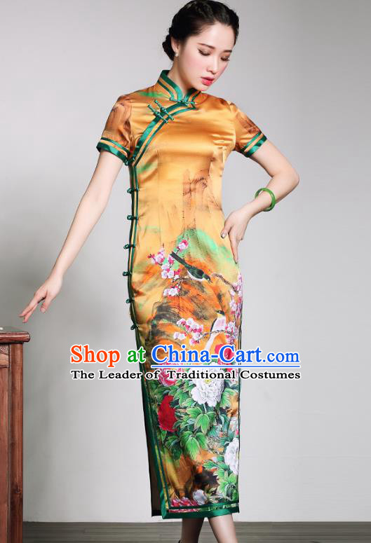 Asian Republic of China Young Lady Retro Stand Collar Printing Peony Yellow Silk Cheongsam, Traditional Chinese Qipao Tang Suit Dress for Women