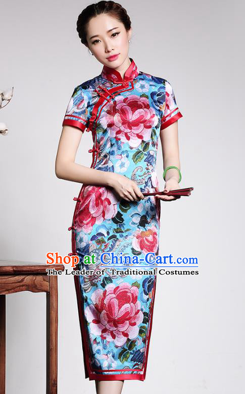 Asian Republic of China Young Lady Retro Stand Collar Blue Silk Cheongsam, Traditional Chinese Printing Peony Qipao Tang Suit Dress for Women