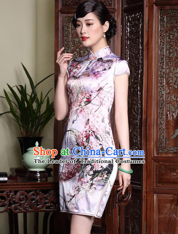 Asian Republic of China Young Lady Retro Stand Collar Silk Short Cheongsam, Traditional Chinese Printing Qipao Tang Suit Dress for Women