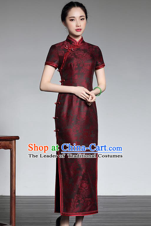 Asian Republic of China Young Lady Retro Stand Collar Satin Cheongsam, Traditional Chinese Embroidered Qipao Tang Suit Dress for Women