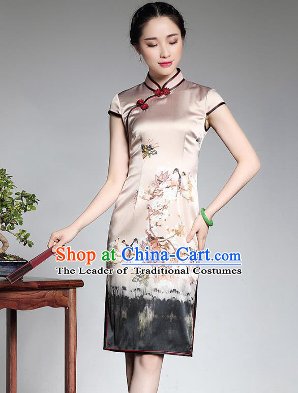 Asian Republic of China Young Lady Retro Plated Buttons Silk Cheongsam, Traditional Chinese Printing Qipao Tang Suit Dress for Women