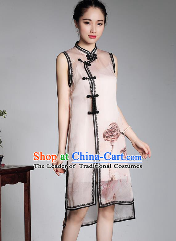 Asian Republic of China Young Lady Retro Plated Buttons Silk Cheongsam, Traditional Chinese Printing Lotus Qipao Tang Suit Dress for Women