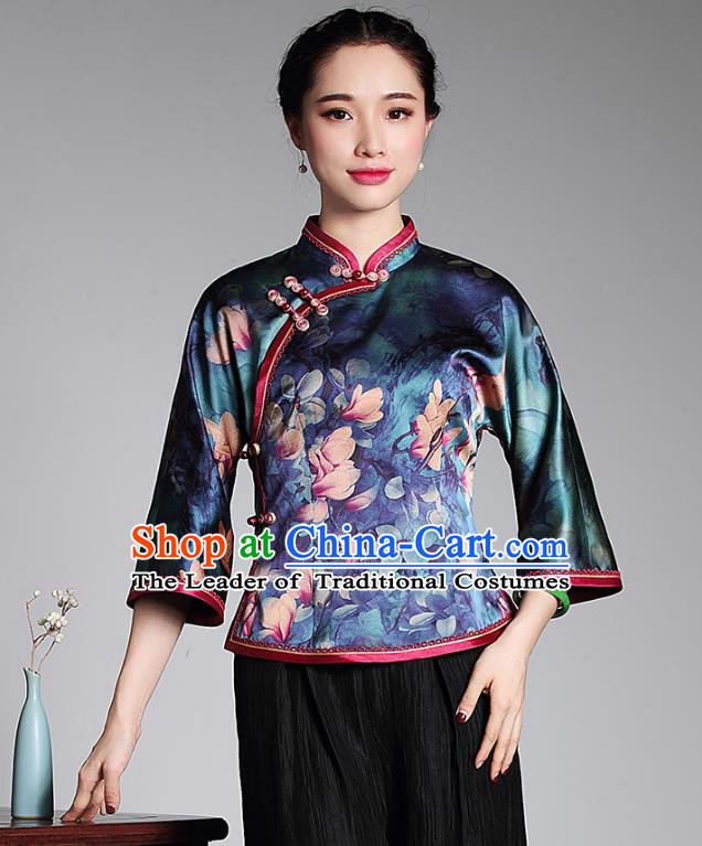 Asian Republic of China Young Lady Retro Plated Buttons Silk Embroidered Cheongsam Blouse, Traditional Chinese Qipao Shirts Tang Suit Upper Outer Garment for Women