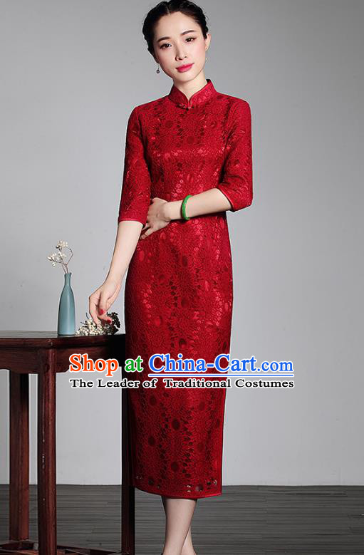 Asian Republic of China Young Lady Retro Plated Buttons Red Lace Cheongsam, Traditional Chinese Wedding Qipao Tang Suit Dress for Women