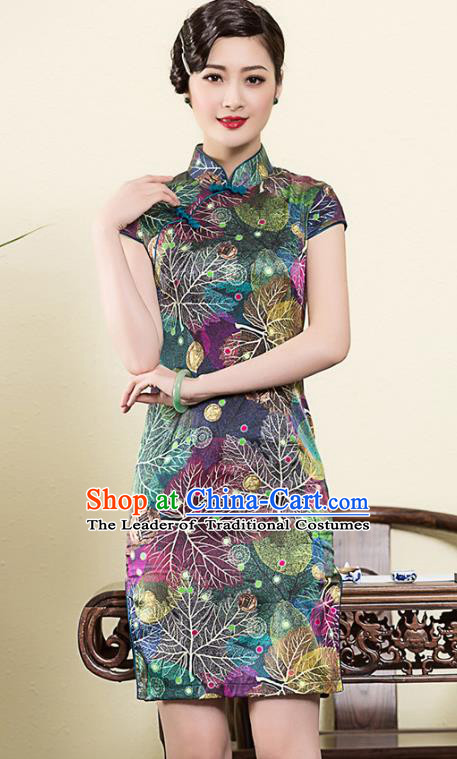 Asian Republic of China Young Lady Retro Plated Buttons Printing Cheongsam, Traditional Chinese Silk Qipao Tang Suit Dress for Women