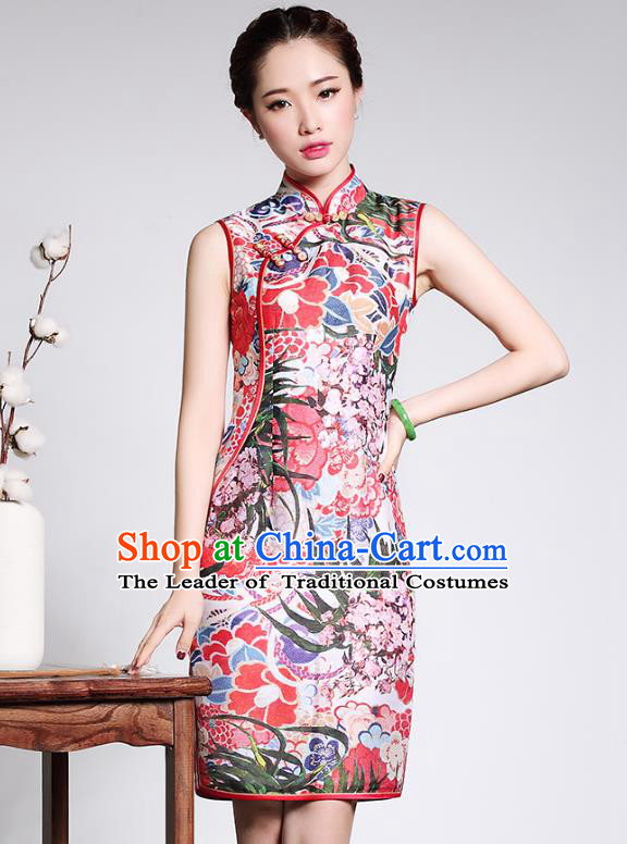 Asian Republic of China Young Lady Retro Plated Buttons Printing Red Cheongsam, Traditional Chinese Silk Qipao Tang Suit Dress for Women