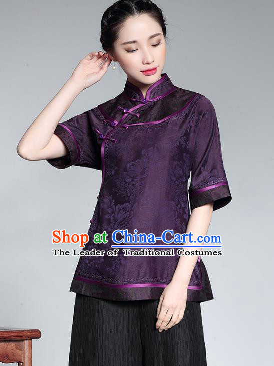 Asian Republic of China Young Lady Retro Plated Buttons Purple Cheongsam Blouse, Traditional Chinese Silk Qipao Shirts Tang Suit Upper Outer Garment for Women