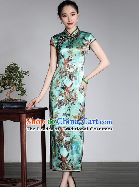 Asian Republic of China Young Lady Retro Plated Buttons Green Silk Cheongsam, Traditional Chinese Printing Qipao Tang Suit Dress for Women
