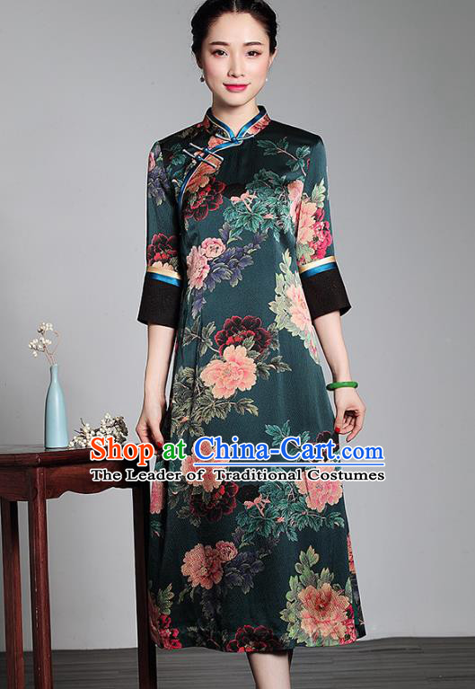 Asian Republic of China Young Lady Retro Plated Buttons Dark Green Silk Cheongsam, Traditional Chinese Printing Qipao Tang Suit Dress for Women