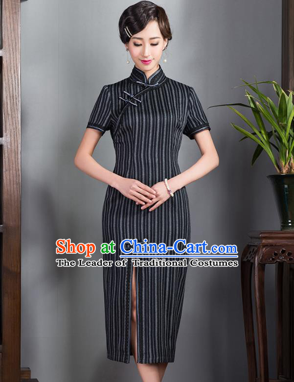 Asian Republic of China Young Lady Retro Plated Buttons Black Woolen Cheongsam, Traditional Chinese Wedding Qipao Tang Suit Dress for Women