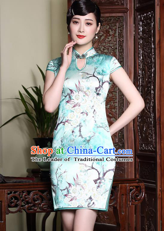 Asian Republic of China Young Lady Retro Plated Buttons Green Printing Silk Cheongsam, Traditional Chinese Wedding Qipao Tang Suit Dress for Women