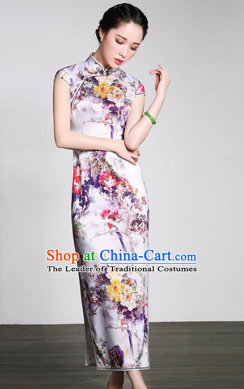 Asian Republic of China Young Lady Retro Plated Buttons Printing Purple Silk Cheongsam, Traditional Chinese Wedding Qipao Tang Suit Dress for Women