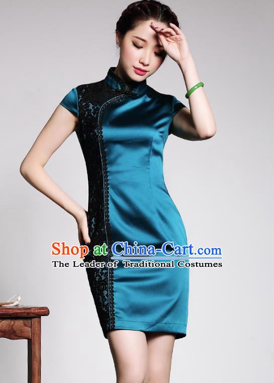 Asian Republic of China Top Grade Plated Buttons Lace Peacock Blue Silk Cheongsam, Traditional Chinese Tang Suit Qipao Dress for Women